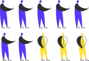 10 humans standing as an illustration. Seven are blue and holding a smartphone, Three are yellow and aren't holding anything. | Halcyon Mobile
