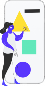 Abstract illustration of a woman sitting in front of a human-sized smartphone tapping on the screen. | Halcyon Mobile